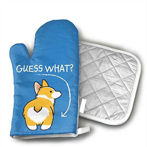 Cute Corgi Butt Oven Mitts and Pot Holders Set with Polyester Cotton Non-Slip Grip, Heat Resistant, Oven Gloves for BBQ Cooking Baking, Grilling
