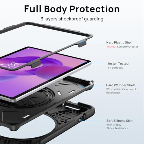 Gerutek Shockproof Case for Lenovo Idea Tab 11 inch 2025/Tab K11 Gen 2/Tab M11/Xiaoxin Pad 11 inch (TB-336ZU/TB-336FU), Heavy Duty Armor Case with 360 Rotating Stand, Hand Strap and Shoulder Strap, Black
