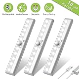 Under Cabinet Lighting, OxyLED USB Rechargeable Motion Sensor Closet Lights, Wireless Magnetic Stick-on Cordless 10 LED Night Light Bar for Closet Cabinet Wardrobe Stairs, 3 Pack