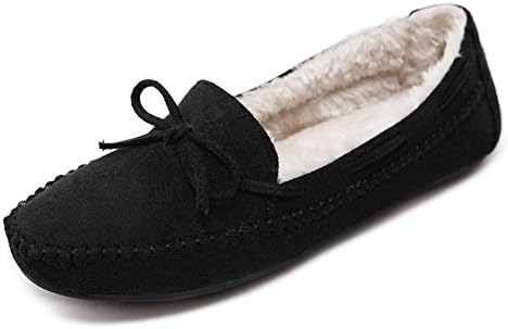 YCJUJU Women's Winter Cowhide Warm Comfort Soft Slip On Lady Slipper Loafers Shoes (37, Black)