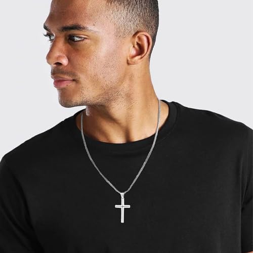 VNOX Collar Cruz Hombre Plata - Cruz Acero Inoxidable Plateada Cadena Collar con Colgante Cruz Cadena Plata para Hombre y Niños