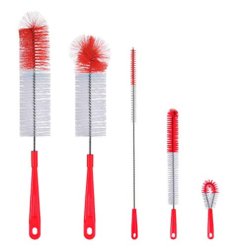 ALINK 5-Pack Red Bottle Brush Cleaner Set - Long Large Cleaing Brush for Narrow Neck Wine/Beer Bottles, Hydro Flask, Thermos, Hummingbird feeder, S