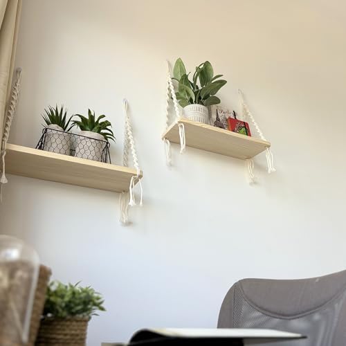Mekase Set of 2 Wooden Hanging Wall Shelves with Macrame Rope - Cocooning Bohemian Wall Decor for Plants, Bedroom, Living Room, Bathroom, No Drilling, Scandinavian Boho Style