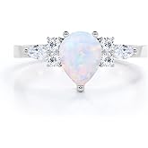 Ayafee Center 1CT Pear Shaped Opal Engagement Rings for Women Platinum Plated Silver White Opal with Moissanite Engagement Ring for Valentine's Day, Anniversary