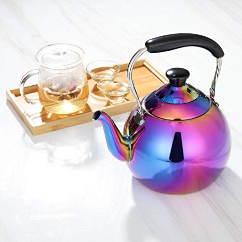 OMGard Whistling Tea Kettle Stainless Steel Rainbow Teapot 2 Liter Teakettle for Stovetop Induction Stove Top Boiling Water Colorful Tea Pot Modern Mirror Finish 2.1 Quart, 68 ounce