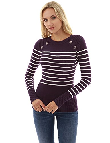 PattyBoutik Women Crewneck Striped Military Sweater (Dark Purple and Ivory Small) - Thumbnail 4