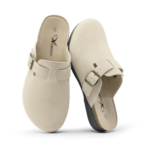 Athlefit Women's Genuine Leather Clogs with Arch Support Beige Size 7 at Amazon