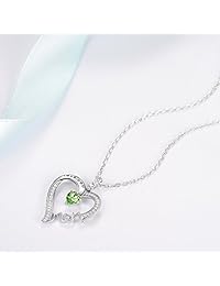 Collar de peridoto con corazón y piedra natalicia, con texto en inglés "I Love You Mom", plata de ley, P801-PR