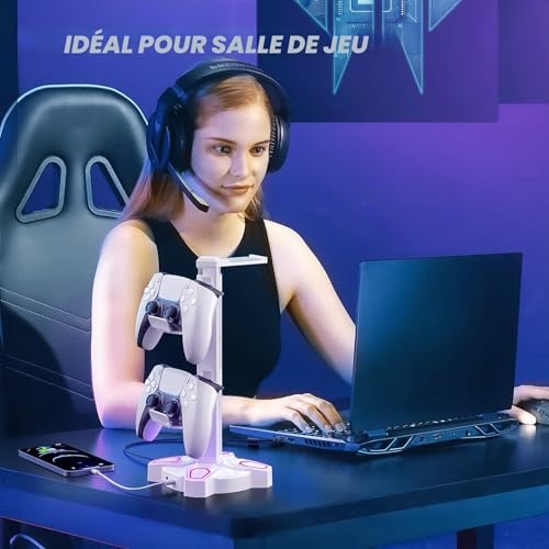 Support Casque Gamer, Porte Casque Rotatif avec 9 Modes de Lumière, Support Manette avec 2 Ports USB, Port 3.5 mm et Type C, Repose Casque & Porte Manette pour PS5 PS4 Xbox Series X One; Blanc