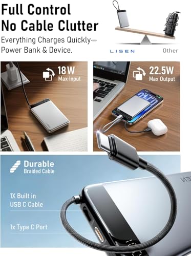 LISEN Portable Charger for iPhone, All-Metal Battery Pack Power Bank 10000mAh Compact Size, Camping Travel Essentials USB-C Power Bank, CCC-Certified Fast Charging for iPhone 17 16 15 Pro Max Air