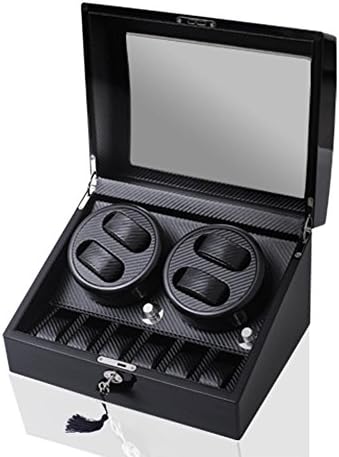 AMCER Black Carbon Fiber Auto Watch Winder Luxury Automatic Watch Winder Cases 4+6 Leather Storage Display Watch Winder Box Automatic Rotation