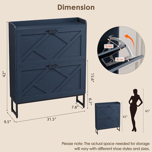 Nicetree Shoe Cabinet with 2 Flip Drawers, Narrow Shoe Storage Cabinet with Metal Legs, Freestanding Slim Shoe Organizer Cabinet for Entryway, Hallway, Foyer, Blue