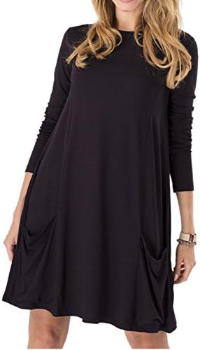 Queenlife Women's Basic Long Sleeve Pockets Casual Swing Plain Tshirt Dress (XXXL, Black)