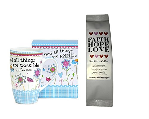 With God All Things are Possible 1 Coffee Mug Cup with 1 Faith Hope Love Red Velvet Coffee Matthew 19:26 Christian Gift Set 2 Item Bundle