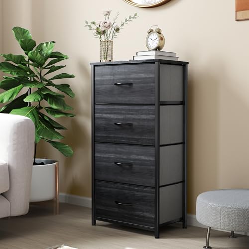 YITAHOME 4 Drawer Fabric Chest of Drawers Bedroom Storage Cabinet, Metal Frame, for Bedroom, Living Room, Black Wood Grain