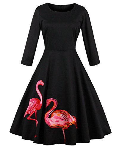 ZAFUL Women's 50s Vintage Floral V-Neck Midi Dress 3/4 Sleeve Cocktail Party A Line Swing Dresses with Belt (L, Black(Flamingo))