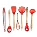 Silicone Cooking Utensils Set for Kitchen: 7 Piece Red Silicone Kitchen Utensil Set - BPA Free Heat Resistant Non Stick Silicone Tools with Wooden Handles - Kitchen Gadgets & Accessories Starter Sets