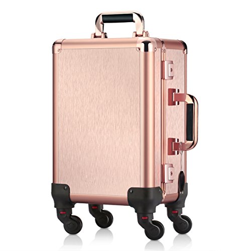 Ovonni Small LED Makeup Train Case, Lighted Rolling Travel Portable Cosmetic Organizer Box with Mirror and 4 Detachable Wheels, Professional Artist Trolley Studio Free Standing Workstation, Rose Gold