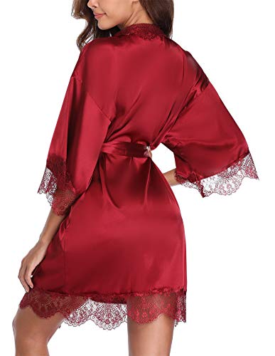 sunshinemall Womens Lace Trim Satin Bathrobe Kimono Nightgown Bridal Robe Burgundy