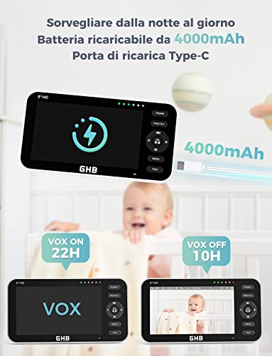 GHB Baby Monitor Video and Audio Camcorder 5 Inch Screen, 168 Hours of Autonomy, 350°/110°, Two-Way Communication, VOX Night Vision Vision Temperature Monitor, Lullabies