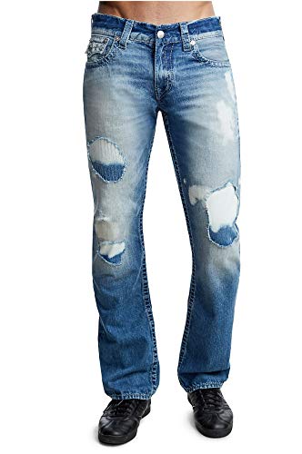 True Religion Men's Big T Straight Fit Destroyed Jeans w/Flap Pockets in Rays of Blue