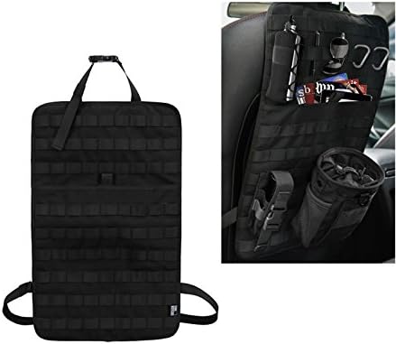 Tactical MOLLE Vehicle Front Seat Storage with Bottle/Flashlight/Recycle Pouch Car Seat Back Organizer Seat Cover Protector Universal Fit Multicolor (Black/Tan)