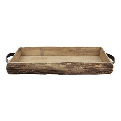Stonebriar Rectangle Natural Wood Bark Serving Tray with Metal Handles
