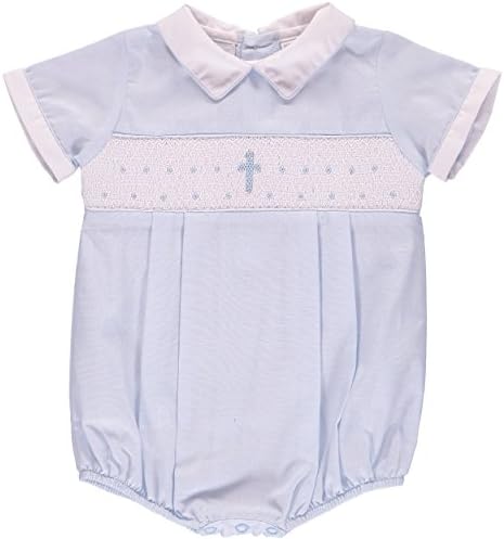 Baby Boy Hand Smocked Christening/Baptism Blue Cross Romper - White Collar