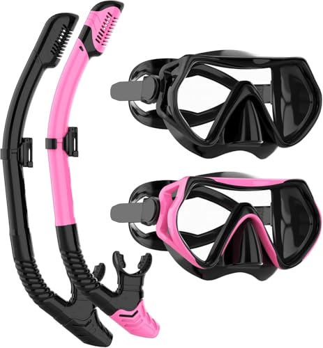Snorkeling Gear for Adults, JRing Snorkel Mask Set with 180 Degree Tempered Glass Anti Fog Goggles Scuba Dry Top Snorkel for Swimming, Scuba Diving Mask for Men Women