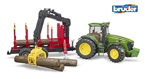 bruder 03054 - John Deere 7930 mit Rückeanhänger & 4 Baumstämmen - 1:16 Bauernhof Landwirtschaft Forstwirtschaft Waldarbeit Traktor Trecker Schlepper Bulldog Holztransporter Spielzeug Fahrzeug