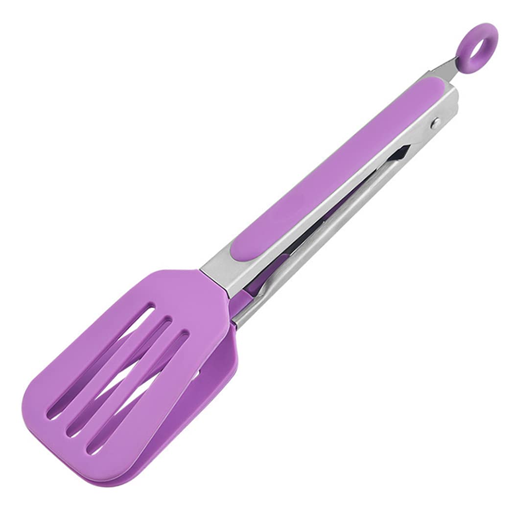 Hoshen 10.4 inches (26.5cm) Kitchen Silicone Tongs, Stainless Steel Handles, Anti-Scalding Grill Clip Bread Steak, Retractable Padlock - Purple