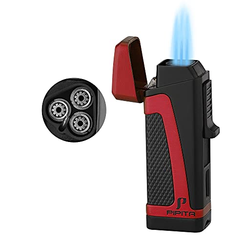 PIPITA Torch Lighter Windproof Triple Jet Flame Butane Cigar Lighter with Punch Cutter Adjustable Refillable Zinc Alloy Lighter (Butane Not Included) (Red)