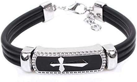 Silver Gold Black Stainless Steel Genuine Leather Bracelet Bangle Cuff Cross