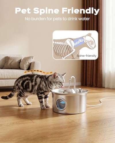 Stainless Steel Cat Fountain: Water Fountain for Cats – 2.6 L – Stainless Steel Cat Fountains – Ultra Quiet Dog Water Dispenser – Easy to Clean – with 8 Filters + 8 Sponges