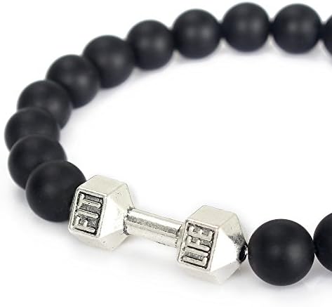 Mens Womens Dumbbell Matte Agate Fitness Bracelet Energy Stone Bracelet Healing Balancing Round Beads