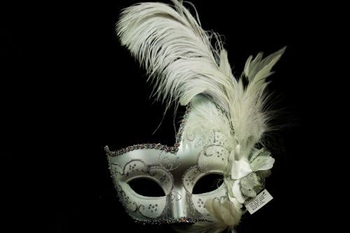 Phantom Female Inspired Venetian Inspired Laser Cut Masquerade Mask, Elegantly Crafted- White Silver w/ Feathers