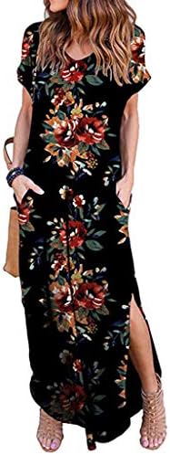 Loose Plain Maxi Dresses Women's Short Sleeve Casual Long Dresses with Pockets