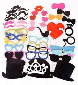 Photo Booth Props 44 piece DIY Kit for Wedding Party Reunions Birthdays Photobooth Dress-up Accessories &amp; Party Favors, Costumes with Mustache on a stick, Hats, Glasses, Mouth, Bowler, Bowties