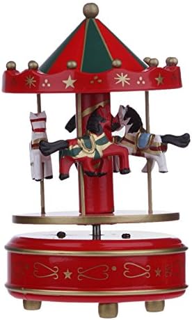 Musical Merry-Go-Round Wooden Horse Carousel Music Box Christmas Birthday Gift Toy For Kids Children (Red)