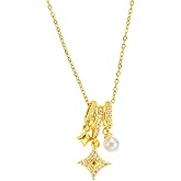 DIAMANTIO 18K Gold Plated Star Charm Necklace with Pearl Drop – Sparkling CZ Accents, Multi-Charm Pendant for Women