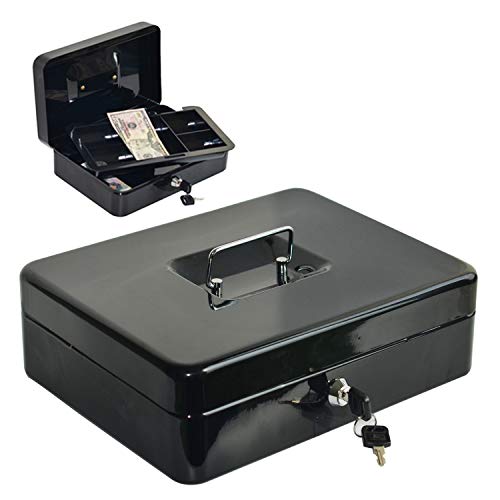 Masmartox Cash Box with 5 Money Tray and Key Lock, Black-Security Locking Money Box with Carrying Handle,10Inch