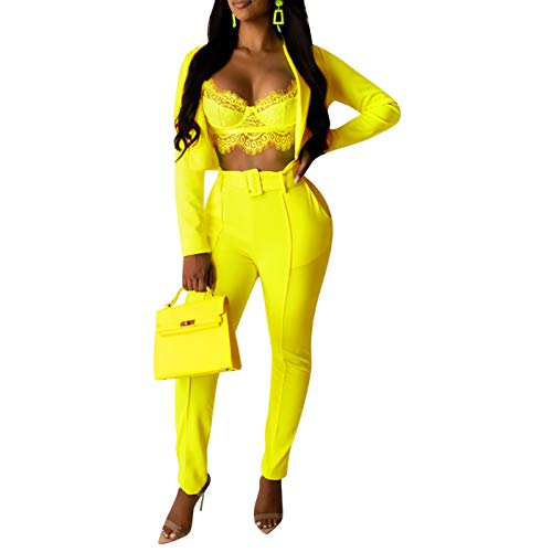 Womens Solid Color Blazers 2 Piece Outfits Long Sleeve Suits with Pants Tracksuit Yellow Small