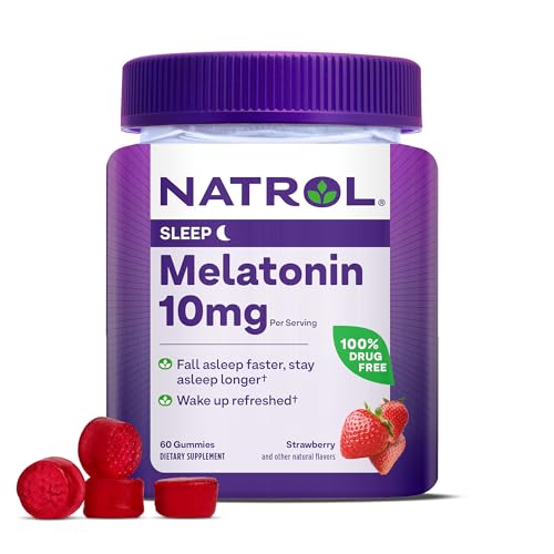 NATROL MELATONIN GUMMIES, SLEEP SUPPORT FOR ADULTS, 10 MG MELATONIN SUPPLEMENT FOR SLEEPING, 60 STRAWBERRY-FLAVORED GUMMIES, UP TO A 30 DAY SUPPLY