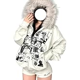 GOTHPICKUS Y2K Grunge Faux Fur Hoodies For Women Zip Up Vintage Punk Gothic Graphic Jacket Long Sleeves Ribbing Streetwear