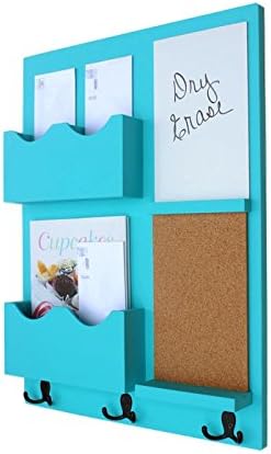 Legacy Studio Decor Mail Organizer Cork Board White Board Coat Hooks Key Hooks Double Mail Slots (Smooth, Turquoise)