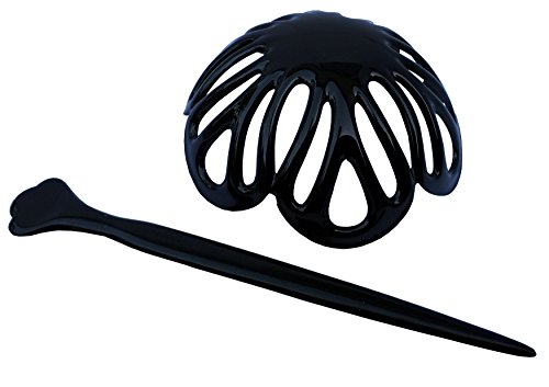 Parcelona French Radial Black Hair Slide Pin Thru Ponytail Holder Hair Updo Bun Cover Cap with Stick - 3.5 Inches Diameter