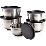 PriorityChef 5 Piece Mixing Bowls With Lids, Large 5 Quart Capacity, Stainless Steel, Non Slip Silicone Bottom, Stackable For Minimal Storage, Black Base