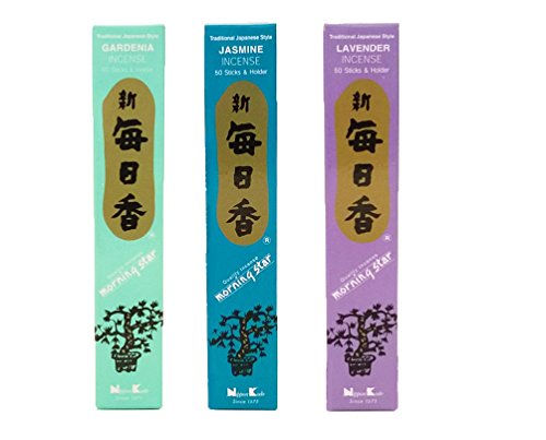 nippon kodo Morning Star Incense Bundle 3 x 50 Sticks Boxes (Jasmine, Gardenia, Lavender) - Premium Incense Sticks from Japan
