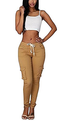 Coutgo Womens Casual stretch drawstring skinny pants cargo jogger pants (XXXL, yellow)