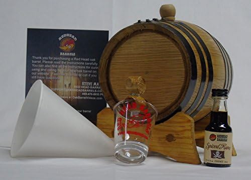 Red Head Barrels - 1 L Charred Oak Barrel Flavor Kit with Essence & Shot Glass for Customized Flavored Alcohol, Reusable Moonshine Wooden Barrel, Aging Barrel for Home Distilling (Spiced Rum)